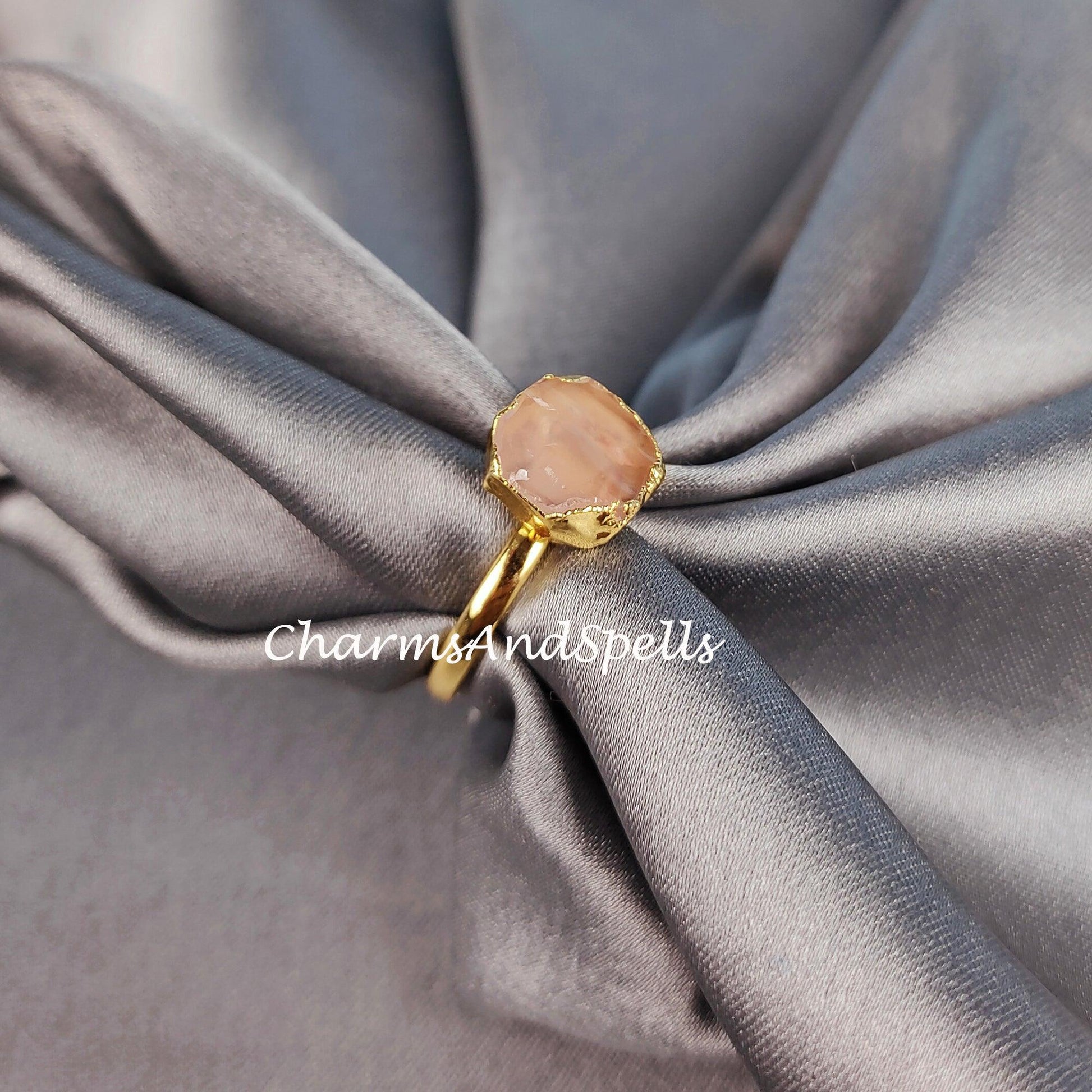 Rough Rose Quartz Ring, Pink Gemstone Ring, Electroplated Ring, Gift for Women, Raw Stone Jewelry, Ethnic Ring, Women Ring - Charms And Spells