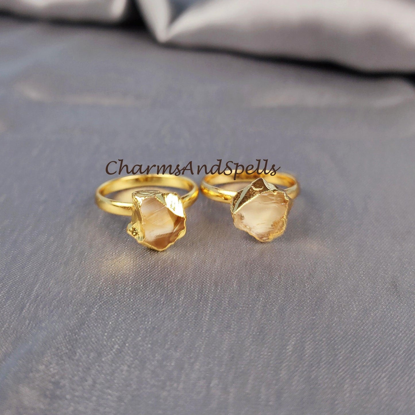 Natural Raw Citrine Ring, Electroplated Ring, Vintage Look Ring, Gift for Her, Gypsy Ring, Birthstone, Imitation Ring, Unique Jewelry - Charms And Spells