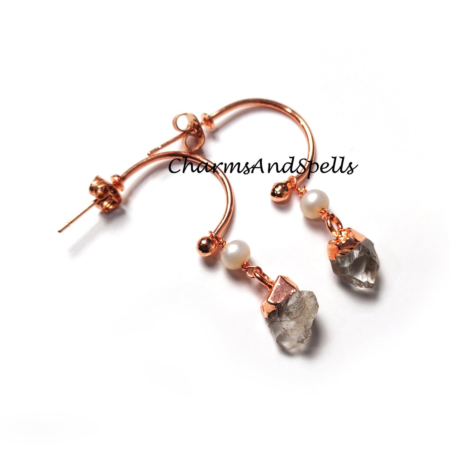 Natural Herkimer Quartz Earrings, Copper Electroplated Earrings, April Birthstone Earrings, Gypsy Earrings - Charms And Spells