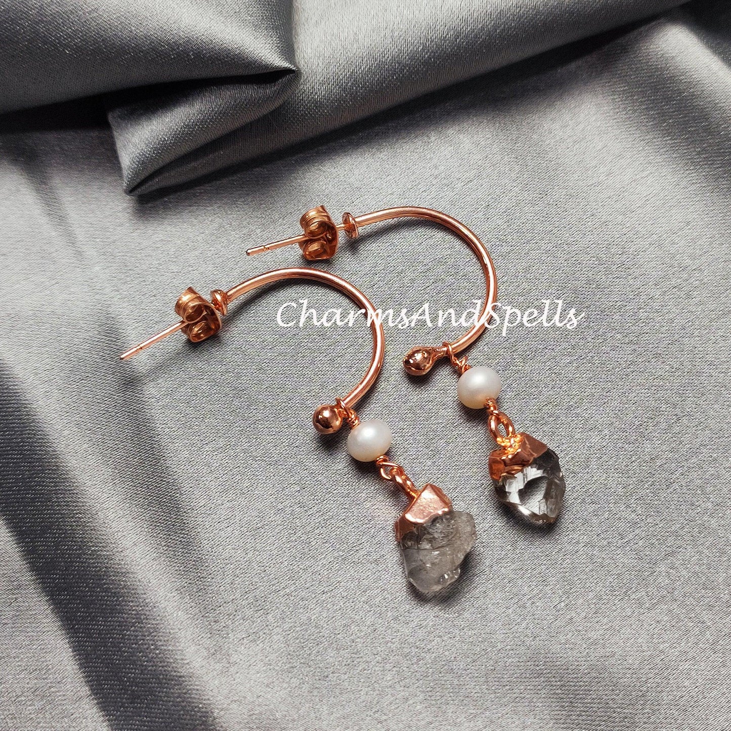 Natural Herkimer Quartz Earrings, Copper Electroplated Earrings, April Birthstone Earrings, Gypsy Earrings - Charms And Spells