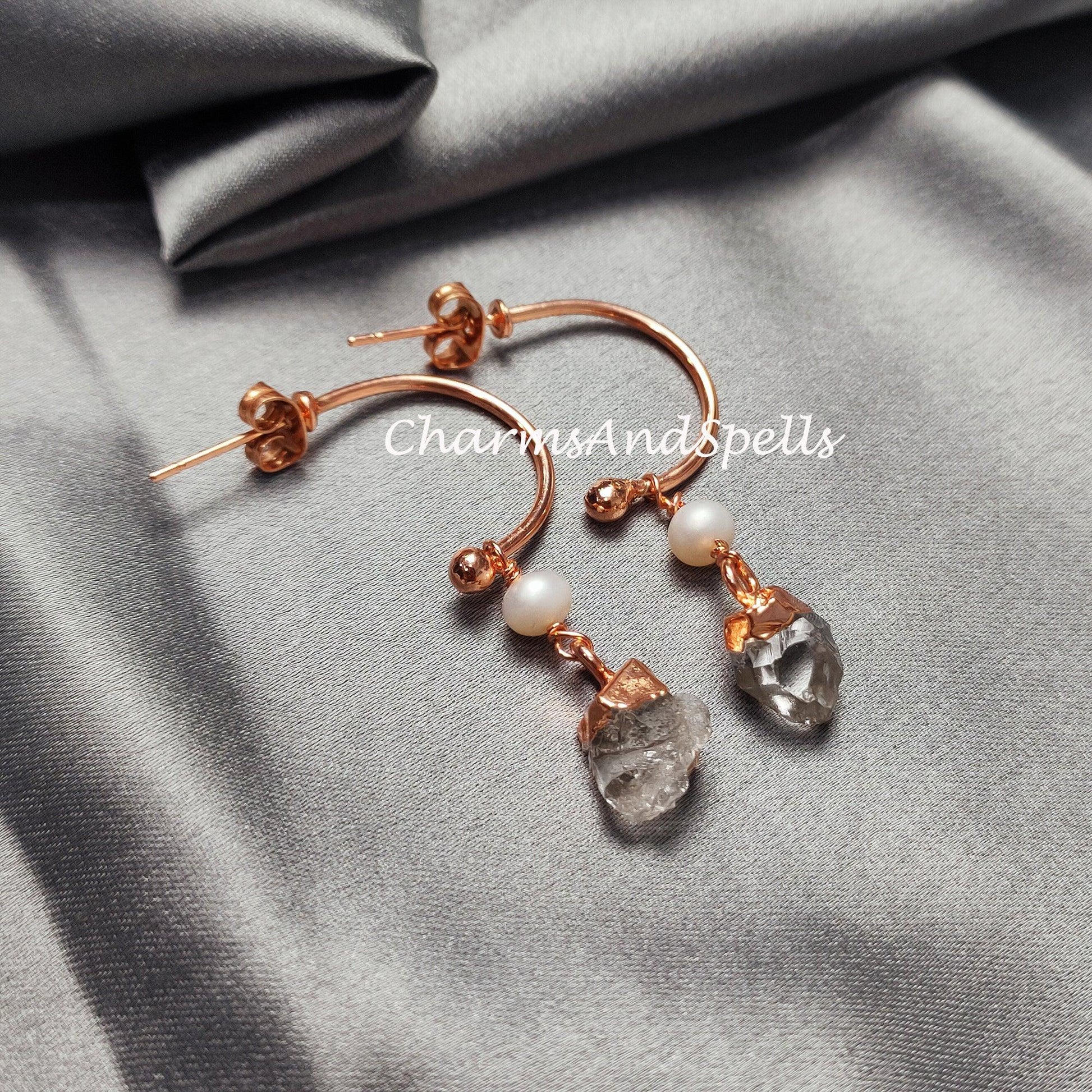 Natural Herkimer Quartz Earrings, Copper Electroplated Earrings, April Birthstone Earrings, Gypsy Earrings - Charms And Spells