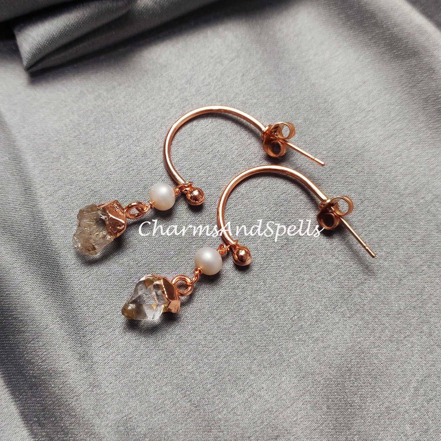 Natural Herkimer Quartz Earrings, Copper Electroplated Earrings, April Birthstone Earrings, Gypsy Earrings - Charms And Spells