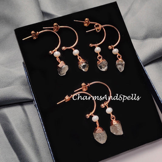 Natural Herkimer Quartz Earrings, Copper Electroplated Earrings, April Birthstone Earrings, Gypsy Earrings - Charms And Spells