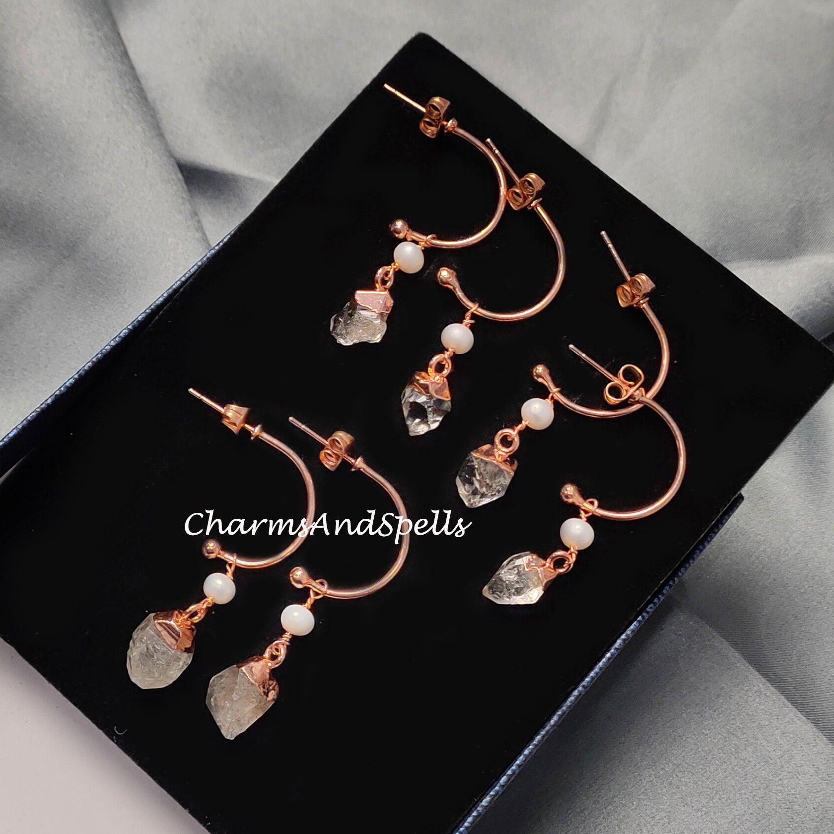 Natural Herkimer Quartz Earrings, Copper Electroplated Earrings, April Birthstone Earrings, Gypsy Earrings - Charms And Spells