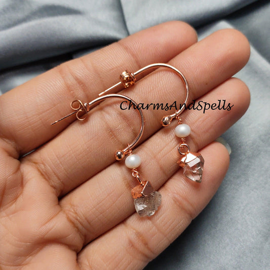 Natural Herkimer Quartz Earrings, Copper Electroplated Earrings, April Birthstone Earrings, Gypsy Earrings - Charms And Spells