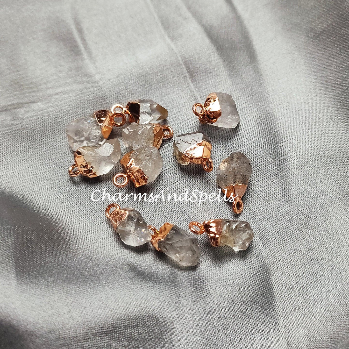 Raw Herkimer Quartz Electroplated Pendant Connectors, Gemstone Connectors, Copper Connectors - Charms And Spells