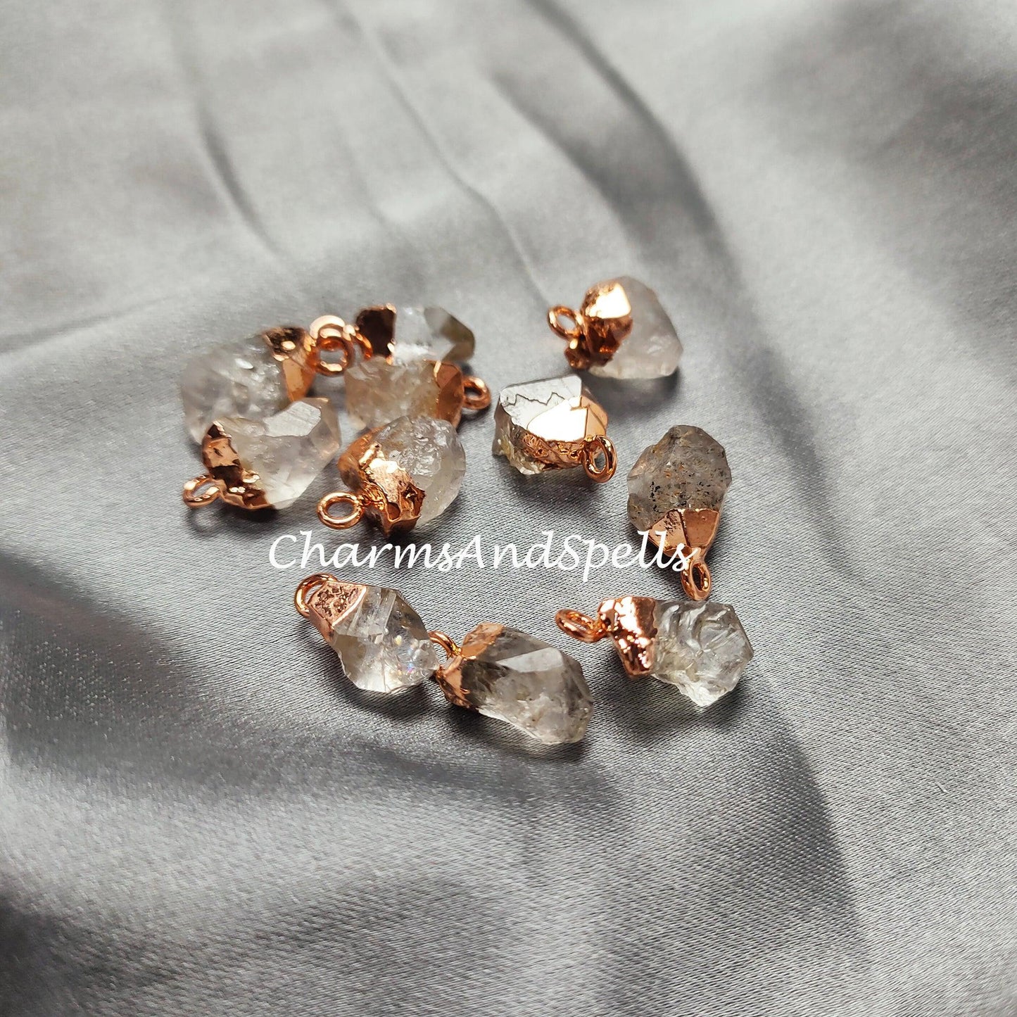 Raw Herkimer Quartz Electroplated Pendant Connectors, Gemstone Connectors, Copper Connectors - Charms And Spells