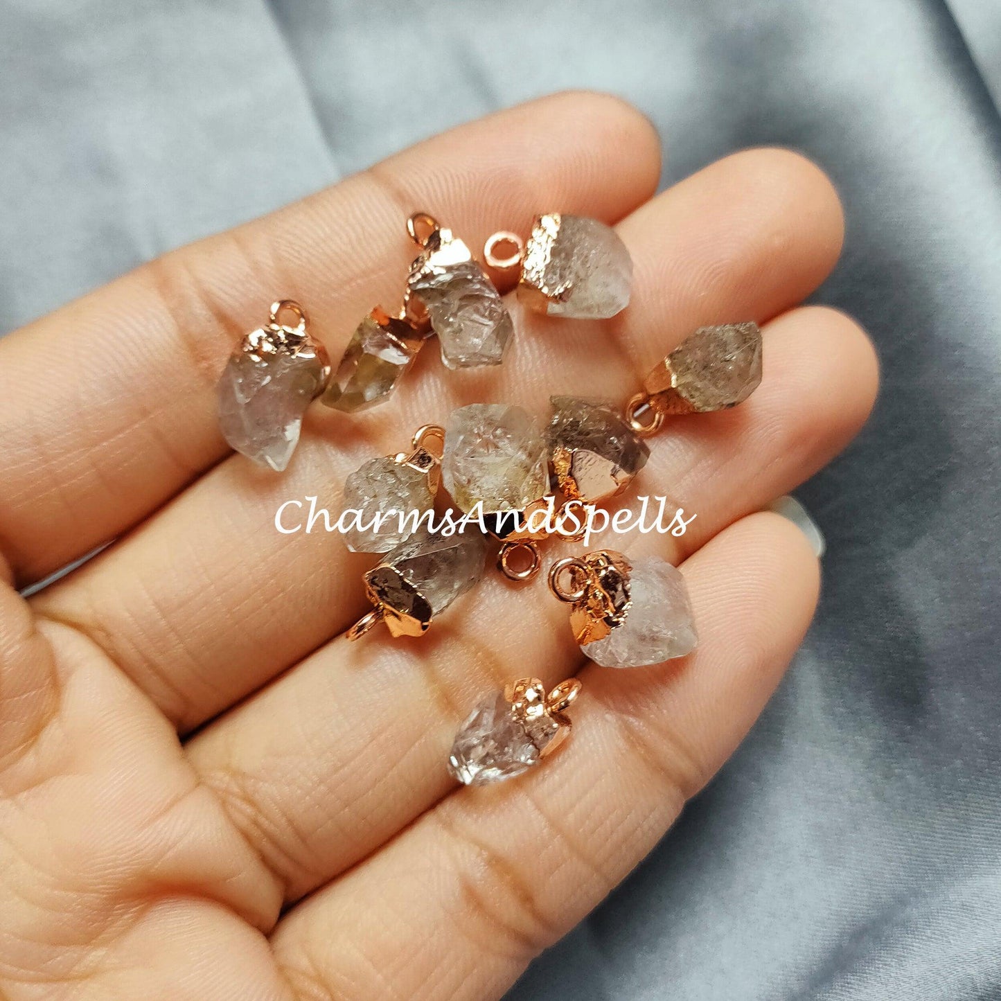 Raw Herkimer Quartz Electroplated Pendant Connectors, Gemstone Connectors, Copper Connectors - Charms And Spells