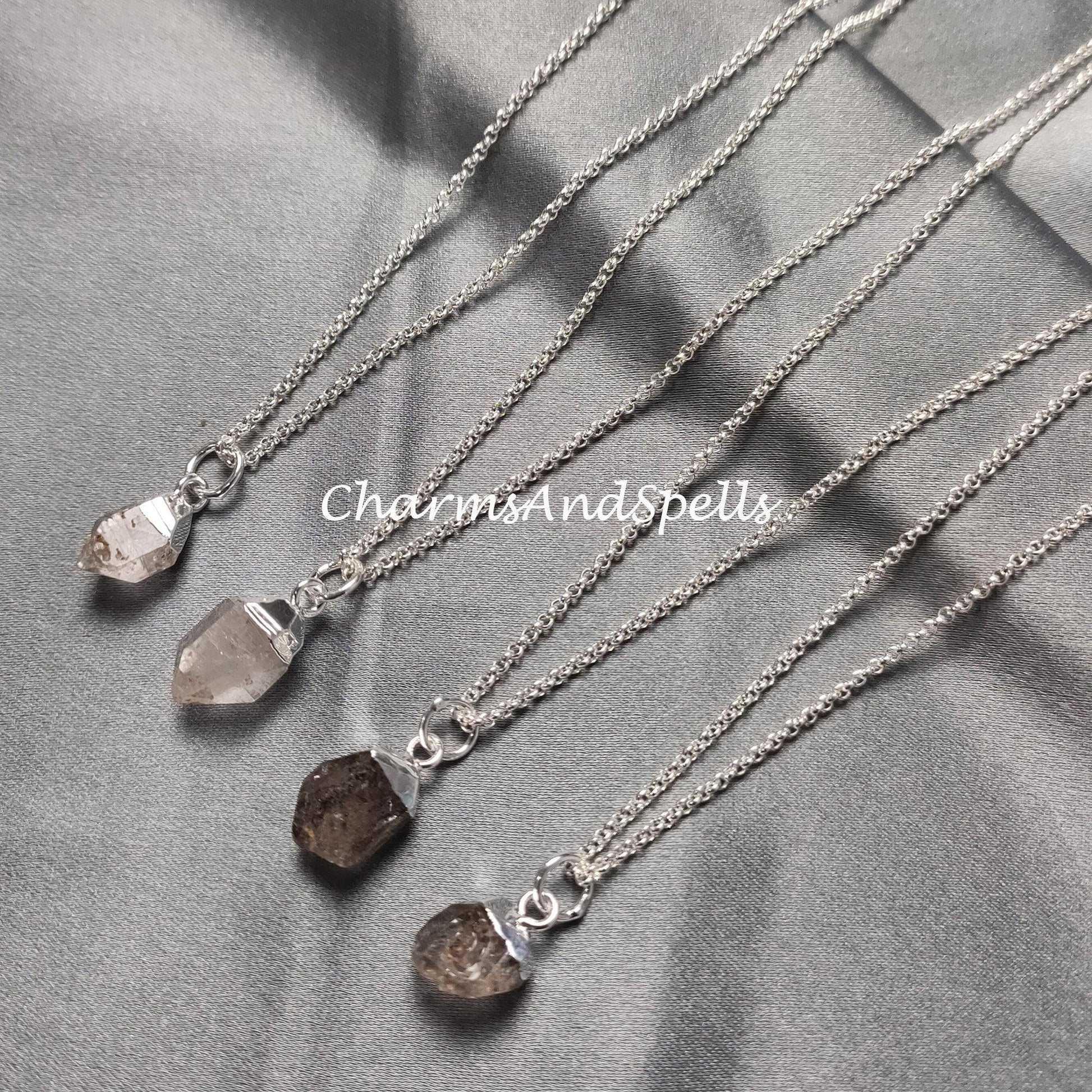 Raw Herkimer Diamond Necklace, Silver Plated Jewelry, Raw Crystal, Birthstone, Chakra, Gift Ideas - Charms And Spells