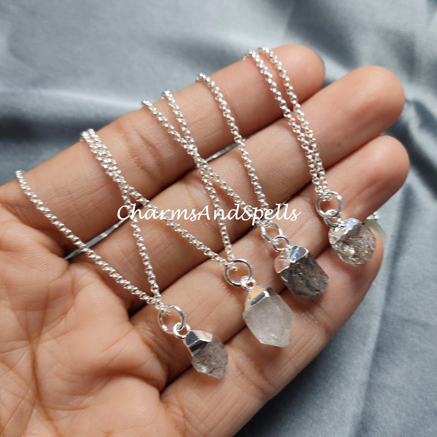 Raw Herkimer Diamond Necklace, Silver Plated Jewelry, Raw Crystal, Birthstone, Chakra, Gift Ideas - Charms And Spells