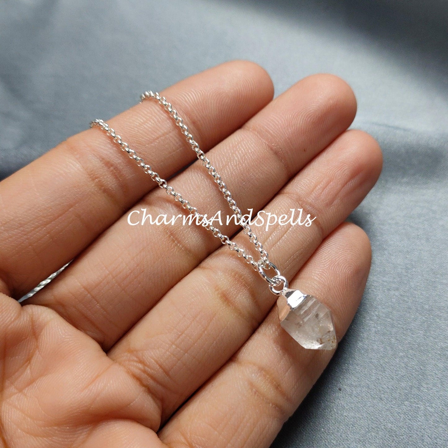 Raw Herkimer Diamond Necklace, Silver Plated Jewelry, Raw Crystal, Birthstone, Chakra, Gift Ideas - Charms And Spells