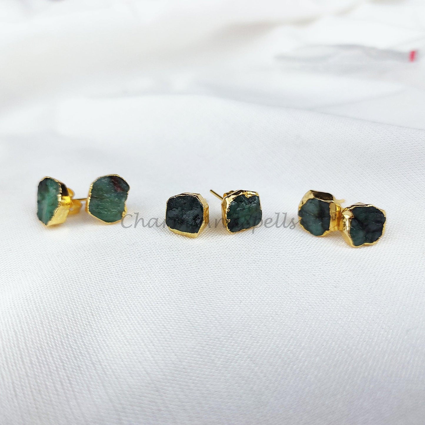 Raw Emerald Electroplated Stud Earrings, Birthstone Stud, Dainty Rough Stone, Raw Gemstone Earrings - Charms And Spells