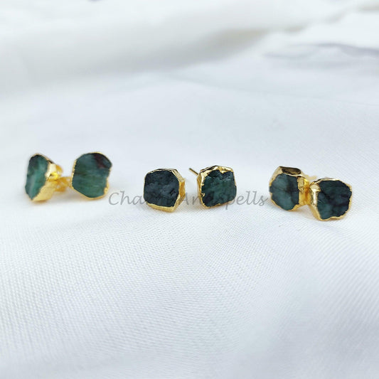 Raw Emerald Electroplated Stud Earrings, Birthstone Stud, Dainty Rough Stone, Raw Gemstone Earrings - Charms And Spells