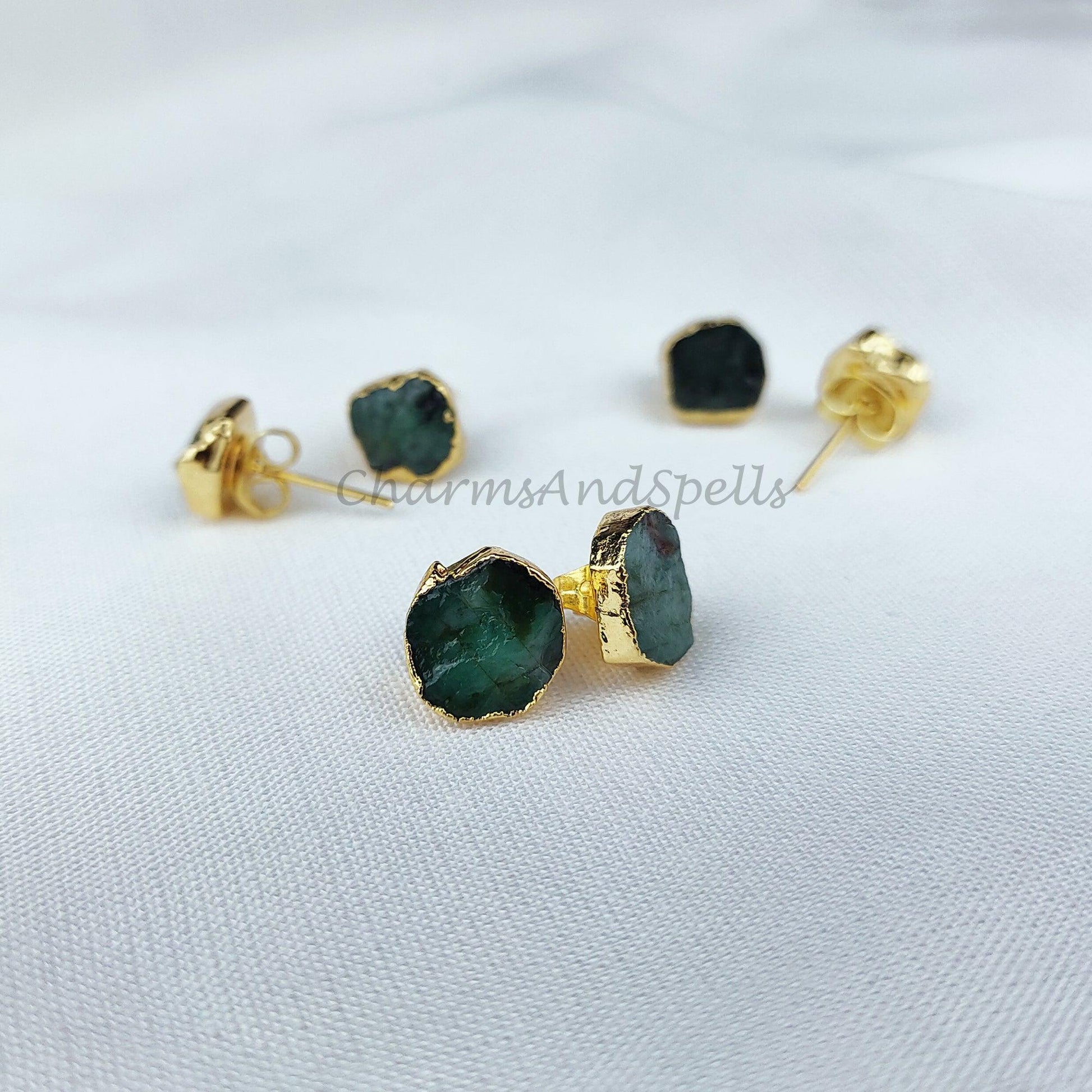 Raw Emerald Electroplated Stud Earrings, Birthstone Stud, Dainty Rough Stone, Raw Gemstone Earrings - Charms And Spells