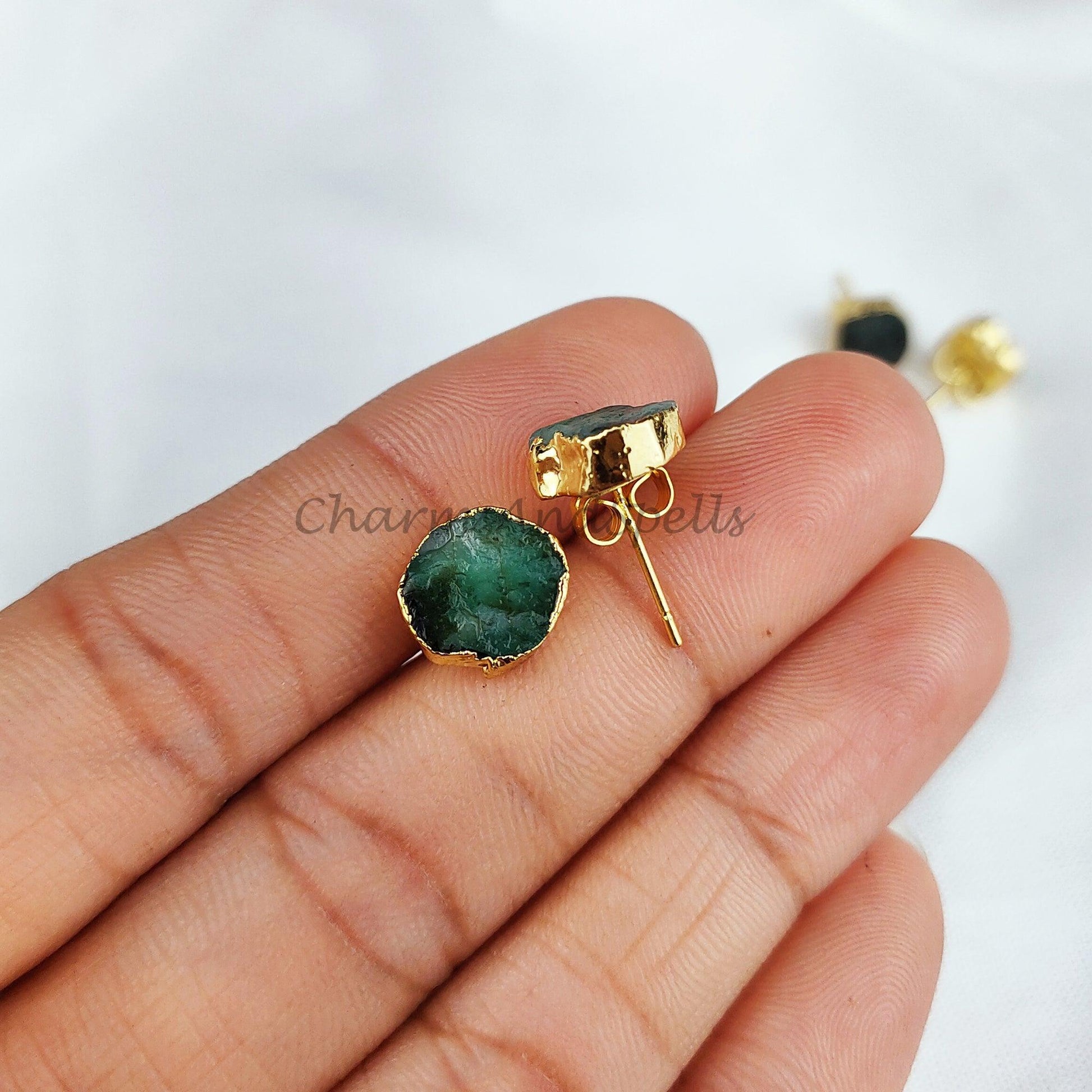 Raw Emerald Electroplated Stud Earrings, Birthstone Stud, Dainty Rough Stone, Raw Gemstone Earrings - Charms And Spells