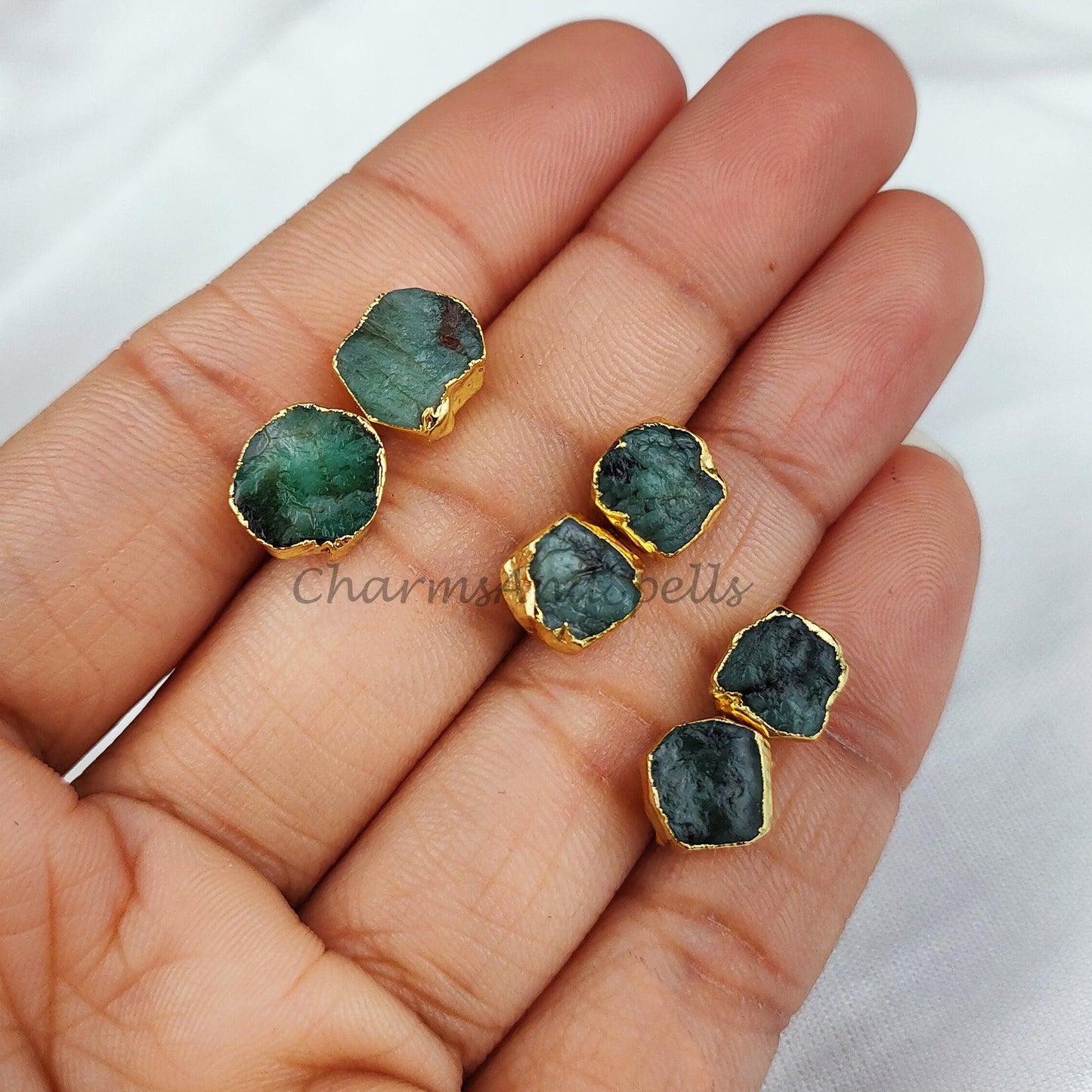 Raw Emerald Electroplated Stud Earrings, Birthstone Stud, Dainty Rough Stone, Raw Gemstone Earrings - Charms And Spells