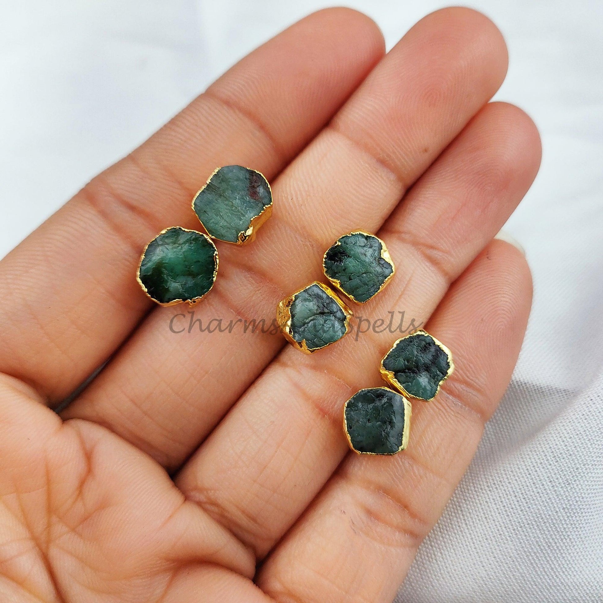 Raw Emerald Electroplated Stud Earrings, Birthstone Stud, Dainty Rough Stone, Raw Gemstone Earrings - Charms And Spells