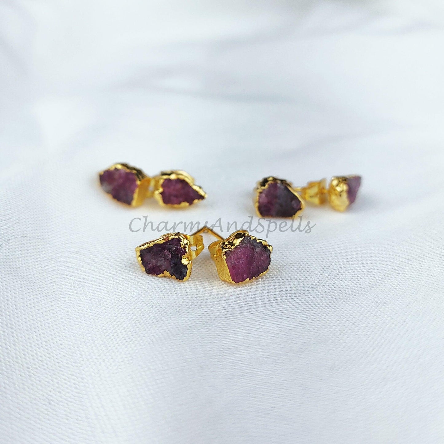 Raw Tourmaline Gemstone Earrings, Pink Tourmaline Jewelry, Tiny Gold Plated Studs - Charms And Spells