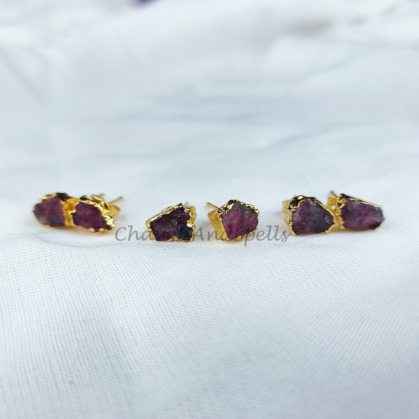 Raw Tourmaline Gemstone Earrings, Pink Tourmaline Jewelry, Tiny Gold Plated Studs - Charms And Spells