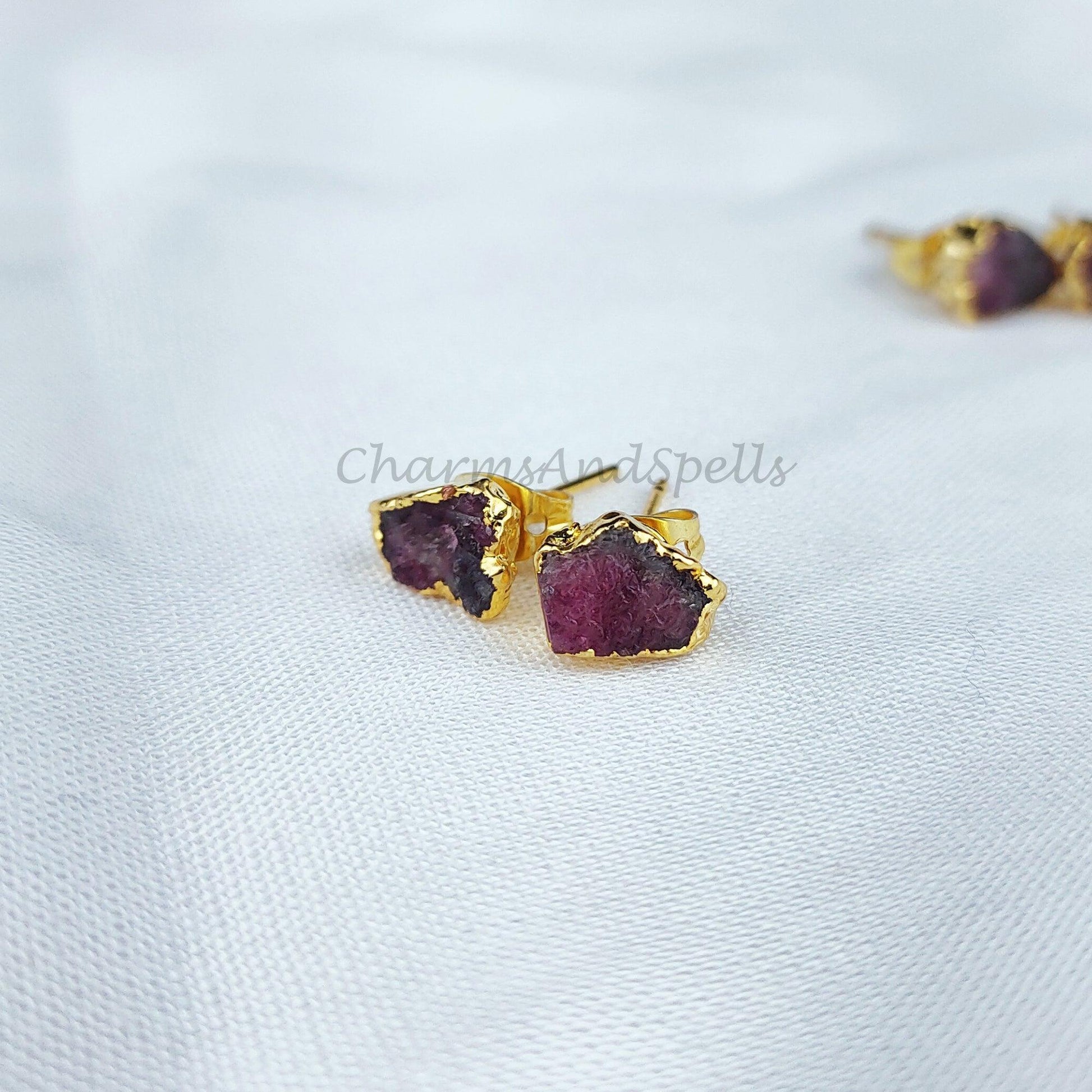 Raw Tourmaline Gemstone Earrings, Pink Tourmaline Jewelry, Tiny Gold Plated Studs - Charms And Spells