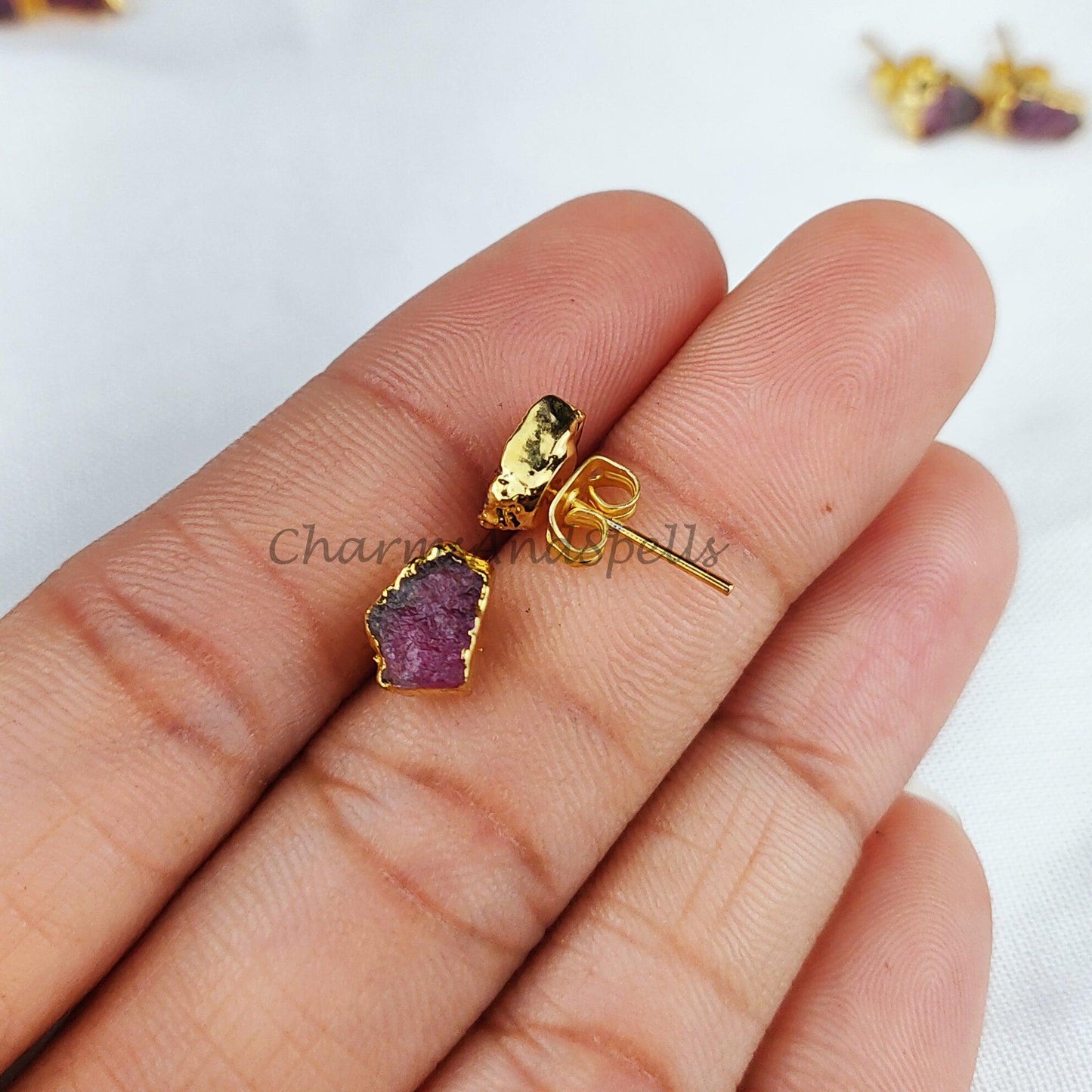 Raw Tourmaline Gemstone Earrings, Pink Tourmaline Jewelry, Tiny Gold Plated Studs - Charms And Spells