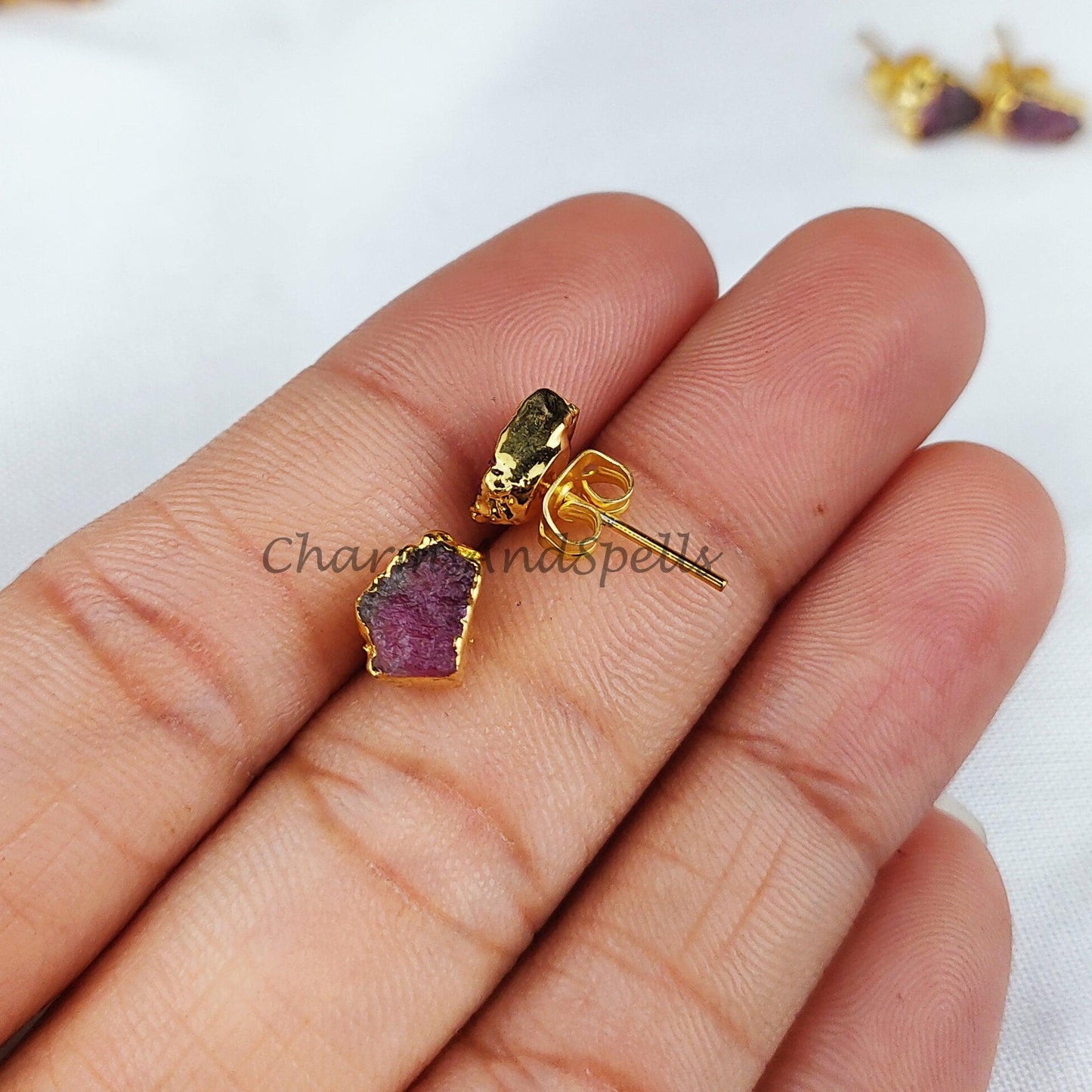 Raw Tourmaline Gemstone Earrings, Pink Tourmaline Jewelry, Tiny Gold Plated Studs - Charms And Spells