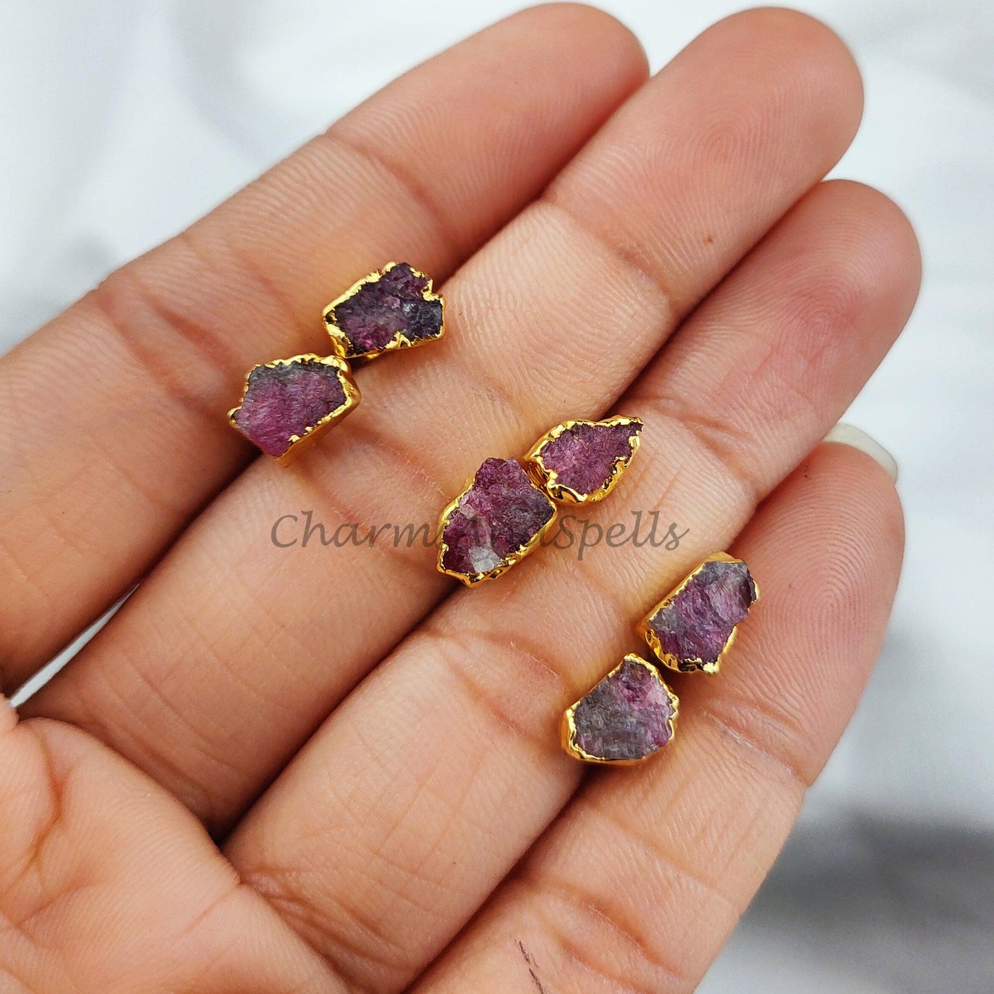 Raw Tourmaline Gemstone Earrings, Pink Tourmaline Jewelry, Tiny Gold Plated Studs - Charms And Spells