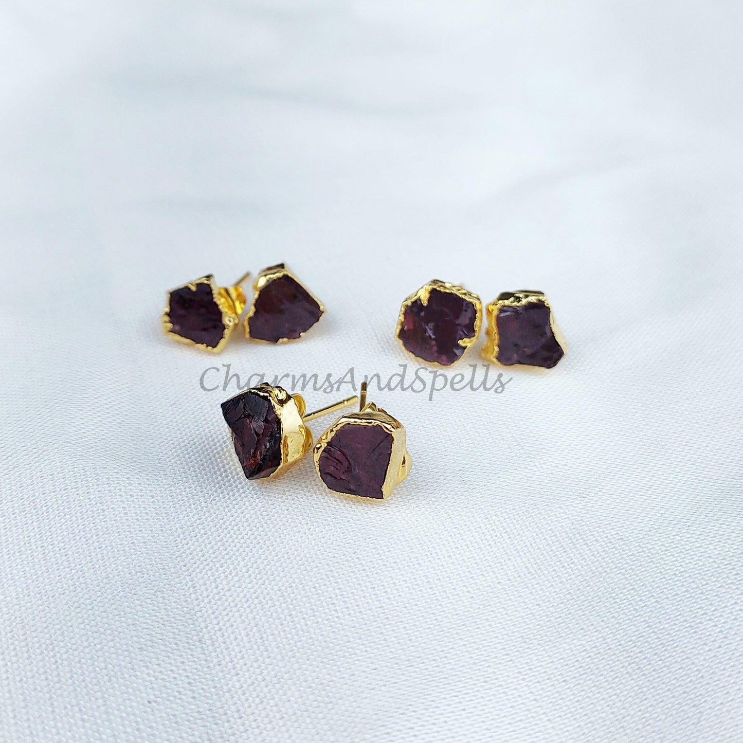 Rough Garnet Gold Electroplated Stud Earrings, Birthstone Jewelry, Rough Stone Jewelry - Charms And Spells