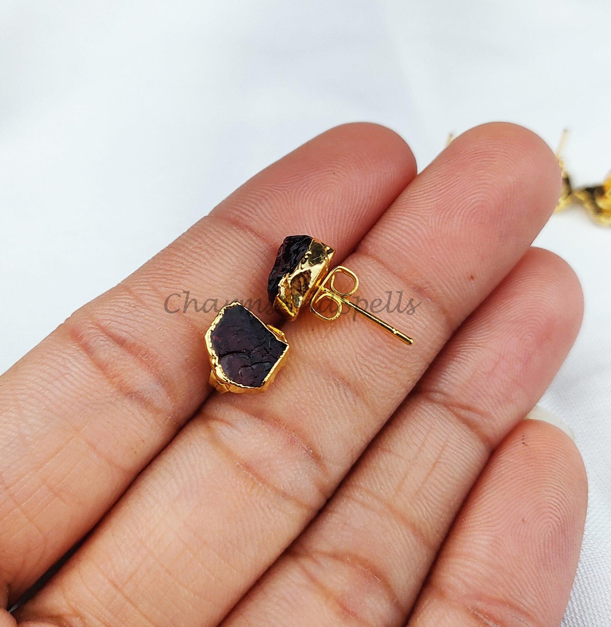 Rough Garnet Gold Electroplated Stud Earrings, Birthstone Jewelry, Rough Stone Jewelry - Charms And Spells