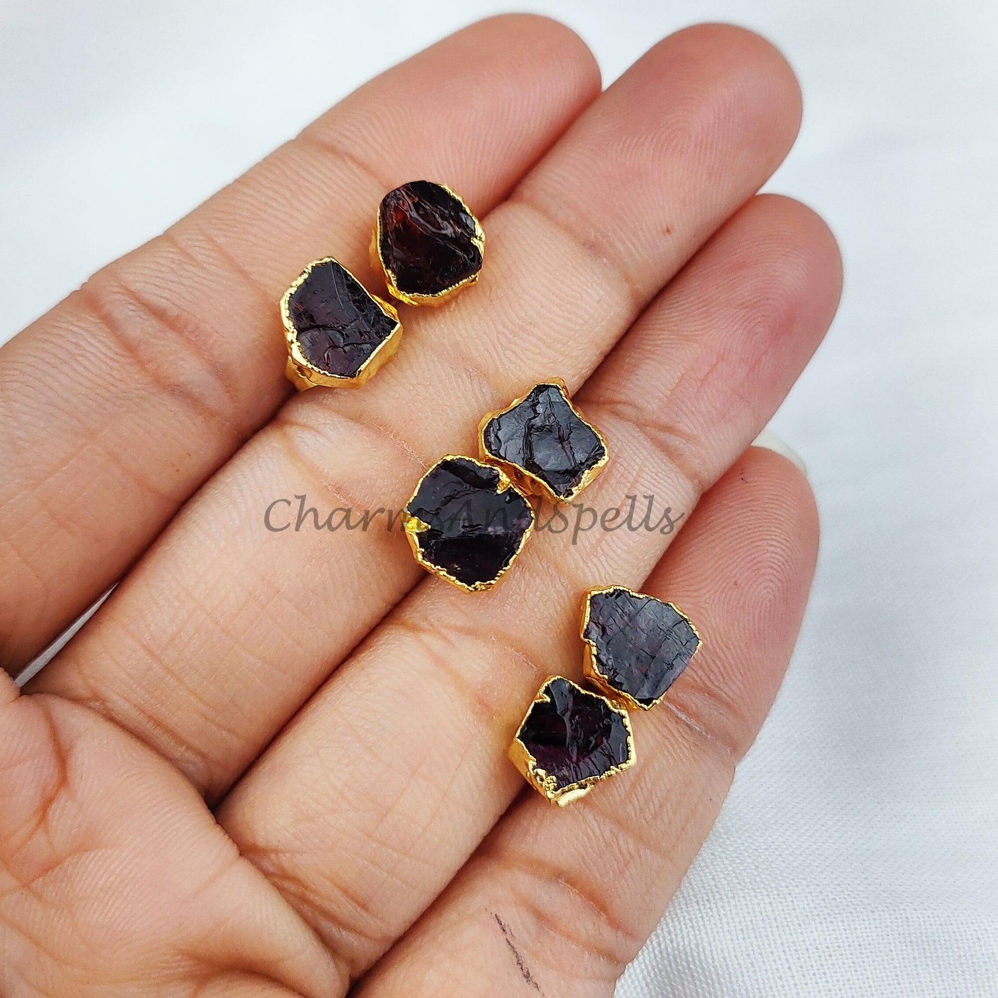 Rough Garnet Gold Electroplated Stud Earrings, Birthstone Jewelry, Rough Stone Jewelry - Charms And Spells