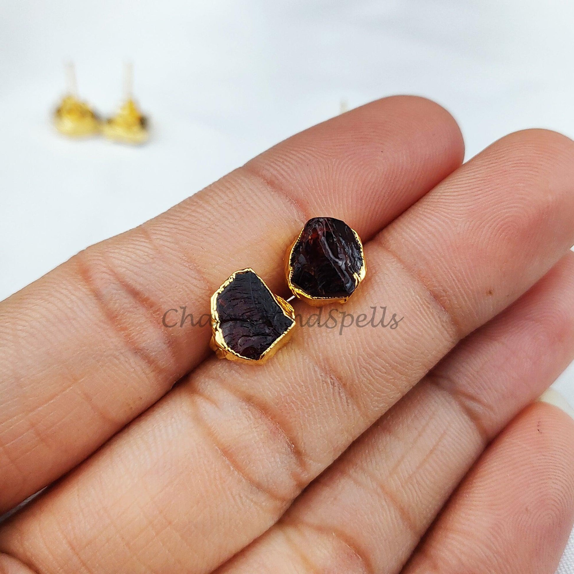 Rough Garnet Gold Electroplated Stud Earrings, Birthstone Jewelry, Rough Stone Jewelry - Charms And Spells