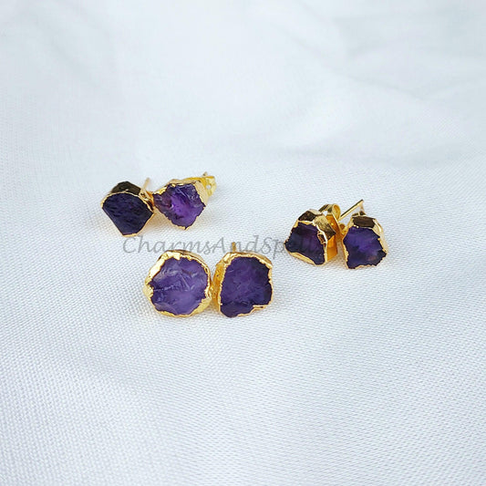 Tiny Amethyst Studs, 14K Gold Plated Earrings, Raw Purple Amethyst Stud Earrings - Charms And Spells