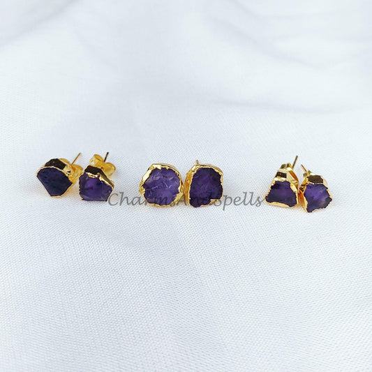 Tiny Amethyst Studs, 14K Gold Plated Earrings, Raw Purple Amethyst Stud Earrings - Charms And Spells