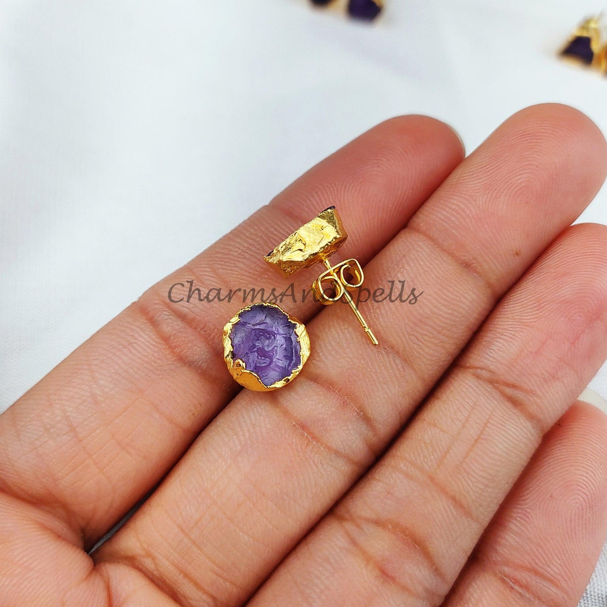 Tiny Amethyst Studs, 14K Gold Plated Earrings, Raw Purple Amethyst Stud Earrings - Charms And Spells