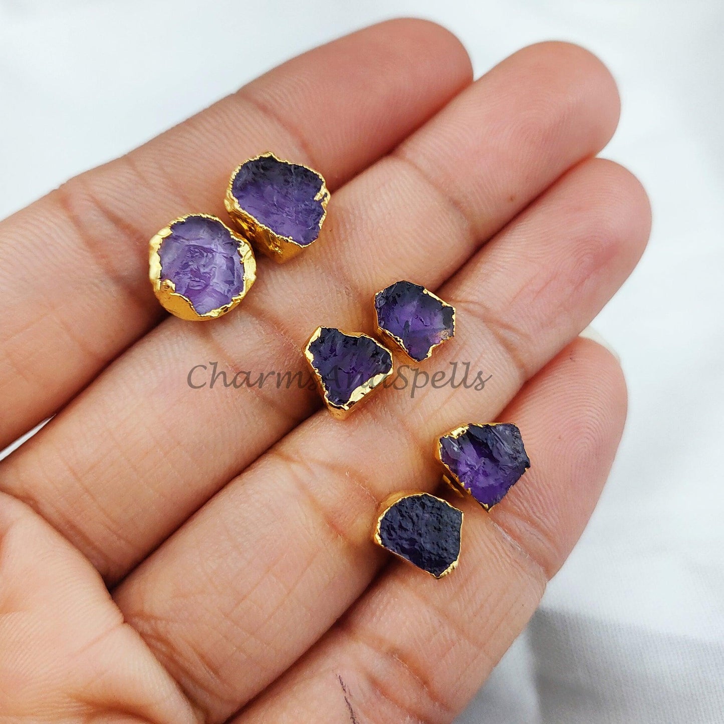 Tiny Amethyst Studs, 14K Gold Plated Earrings, Raw Purple Amethyst Stud Earrings - Charms And Spells