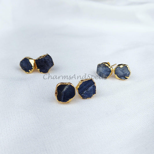 Raw Sapphire Stud Earrings, Gemstone Stud Earrings, Real Sapphire Studs, Birthstone Crystal - Charms And Spells