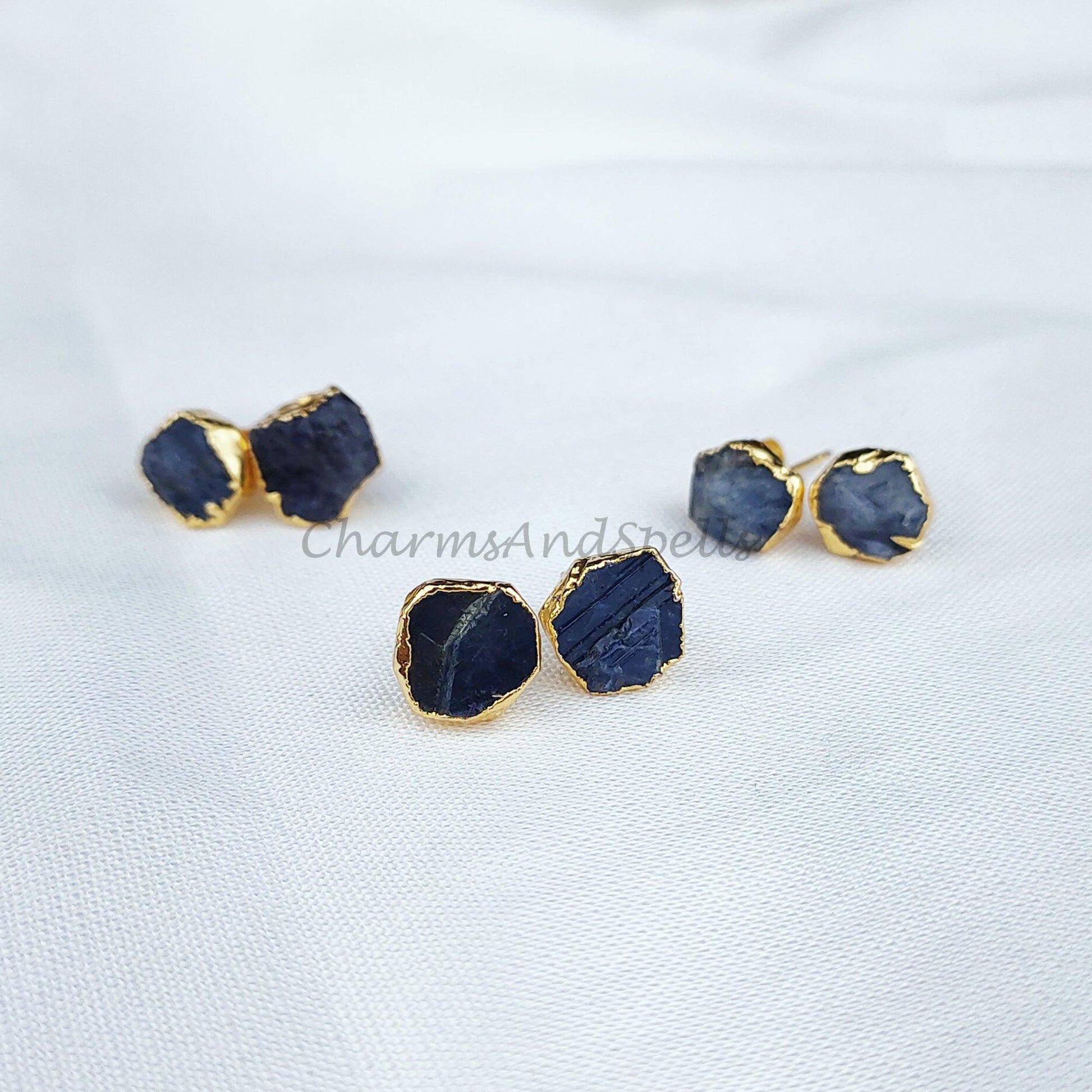 Raw Sapphire Stud Earrings, Gemstone Stud Earrings, Real Sapphire Studs, Birthstone Crystal - Charms And Spells