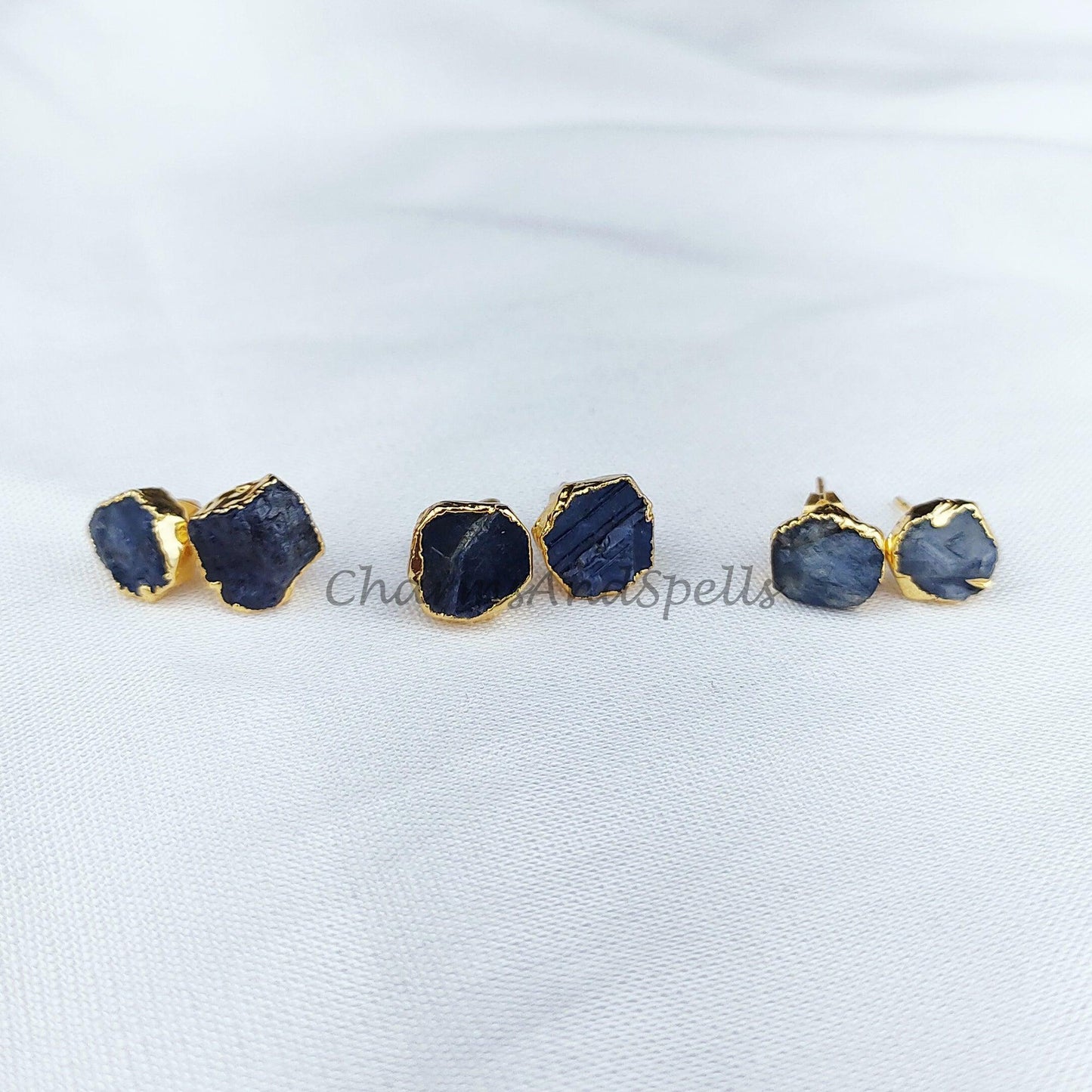 Raw Sapphire Stud Earrings, Gemstone Stud Earrings, Real Sapphire Studs, Birthstone Crystal - Charms And Spells