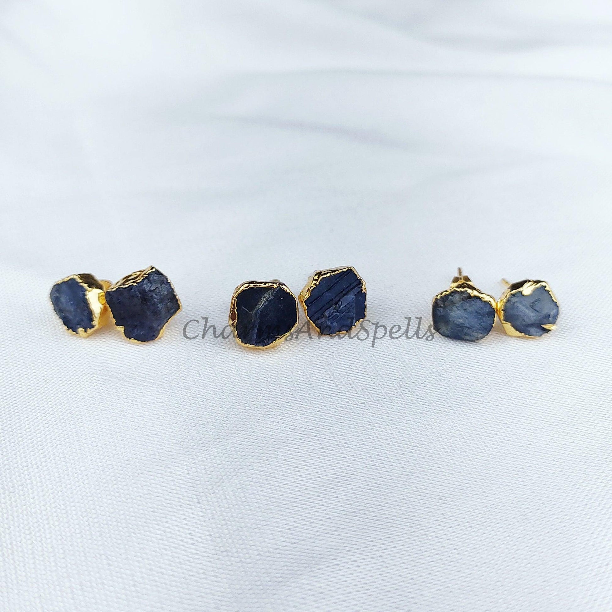 Raw Sapphire Stud Earrings, Gemstone Stud Earrings, Real Sapphire Studs, Birthstone Crystal - Charms And Spells