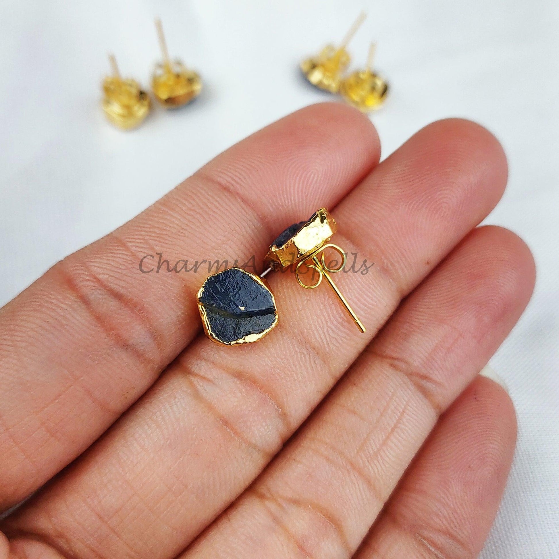 Raw Sapphire Stud Earrings, Gemstone Stud Earrings, Real Sapphire Studs, Birthstone Crystal - Charms And Spells