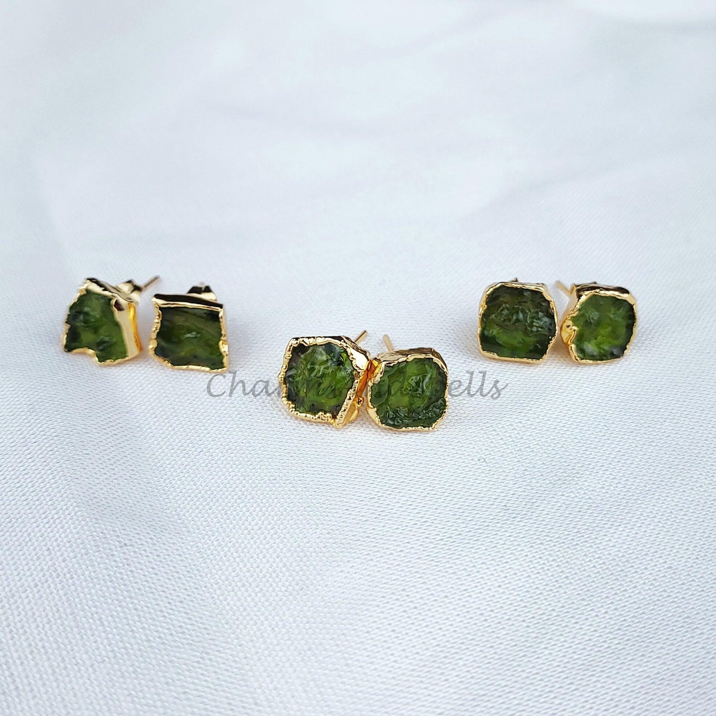 Raw Moldavite Crystal Stud Earrings, Raw Crystal Earrings, Healing Crystal Studs, Women Earrings - Charms And Spells