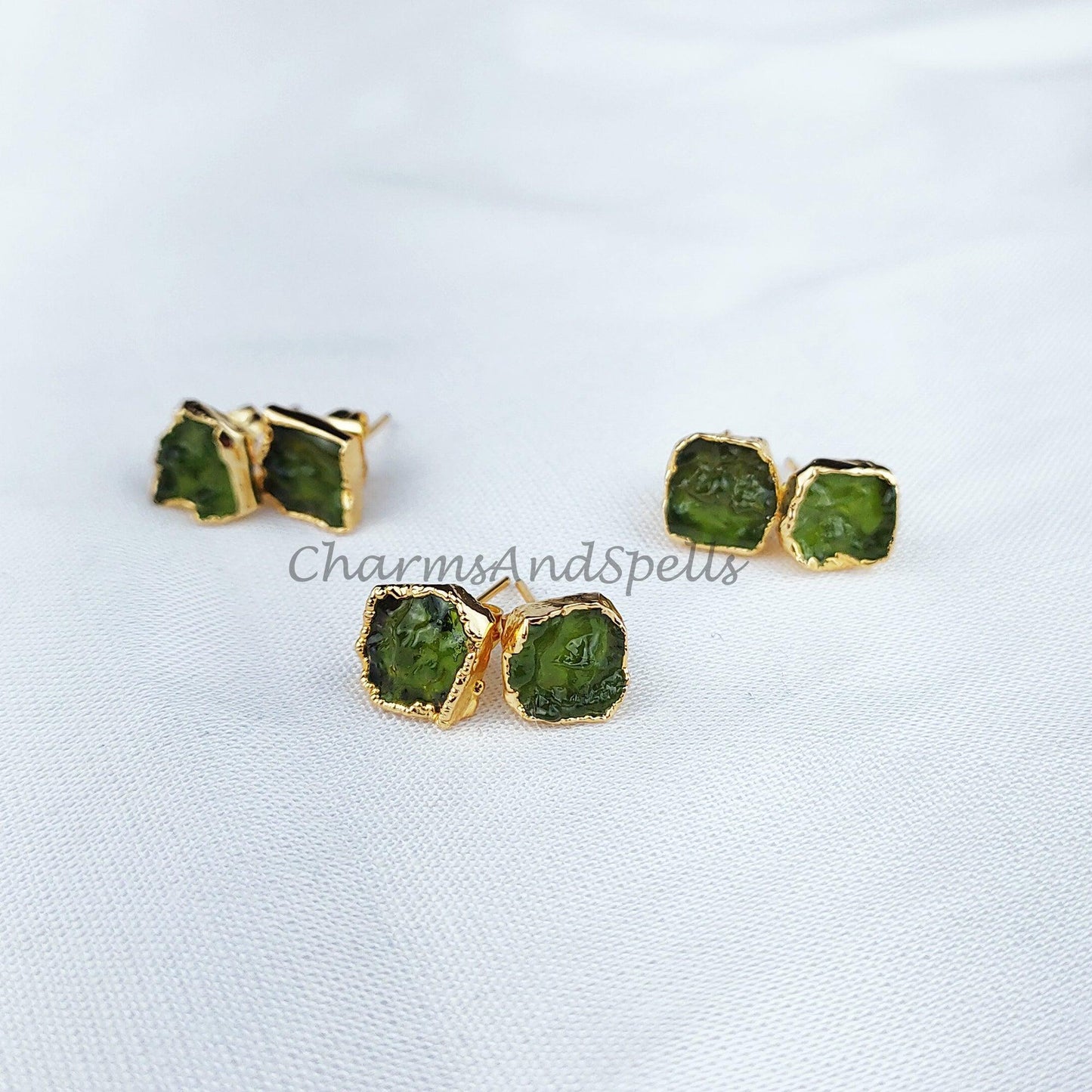 Raw Moldavite Crystal Stud Earrings, Raw Crystal Earrings, Healing Crystal Studs, Women Earrings - Charms And Spells