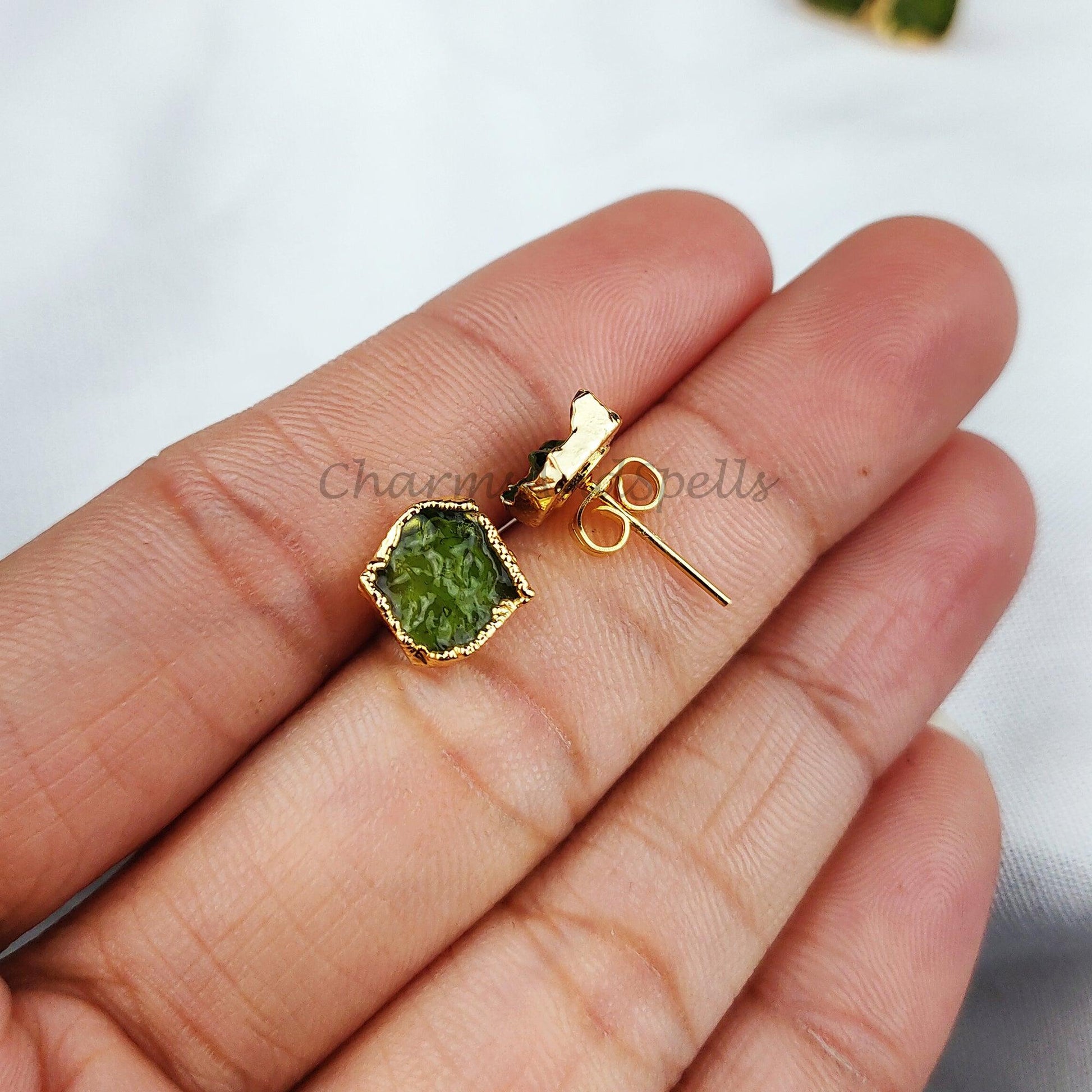 Raw Moldavite Crystal Stud Earrings, Raw Crystal Earrings, Healing Crystal Studs, Women Earrings - Charms And Spells