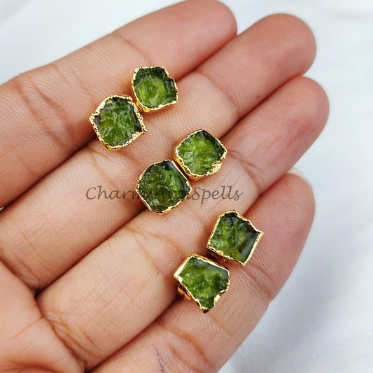 Raw Moldavite Crystal Stud Earrings, Raw Crystal Earrings, Healing Crystal Studs, Women Earrings - Charms And Spells