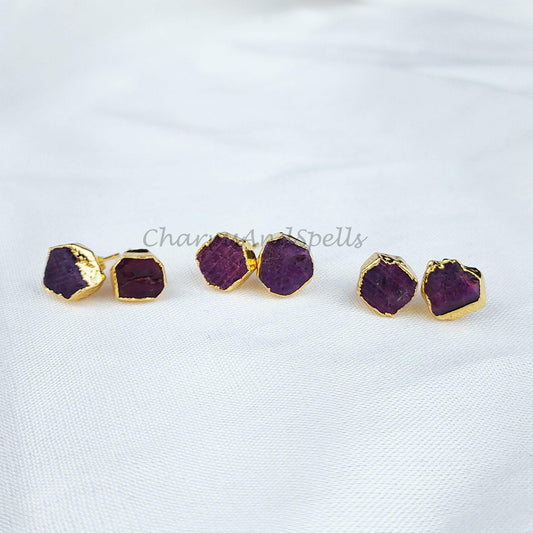 Natural Ruby Studs, Electroplated Stud Earrings, Gold Plated Jewelry, Ethnic Gemstone Earrings - Charms And Spells