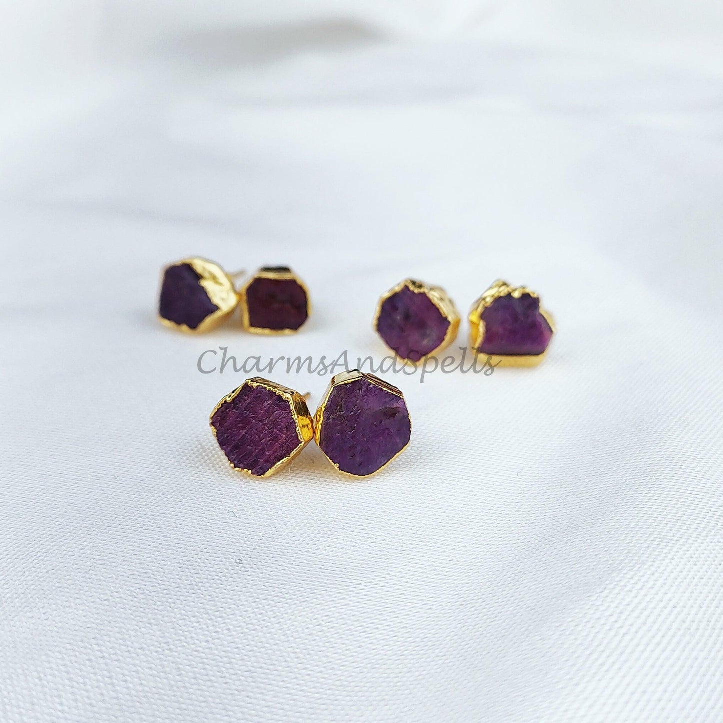 Natural Ruby Studs, Electroplated Stud Earrings, Gold Plated Jewelry, Ethnic Gemstone Earrings - Charms And Spells