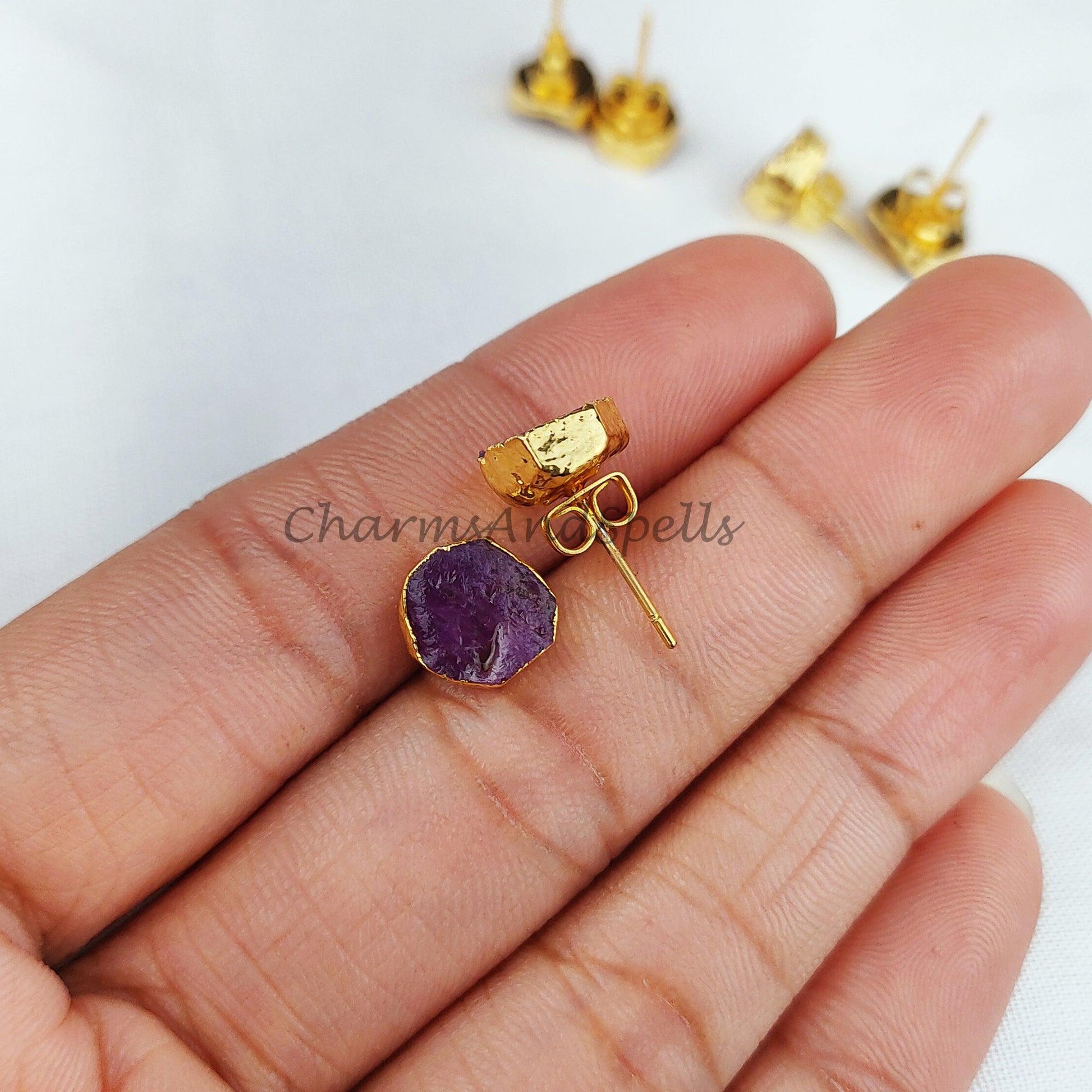 Natural Ruby Studs, Electroplated Stud Earrings, Gold Plated Jewelry, Ethnic Gemstone Earrings - Charms And Spells