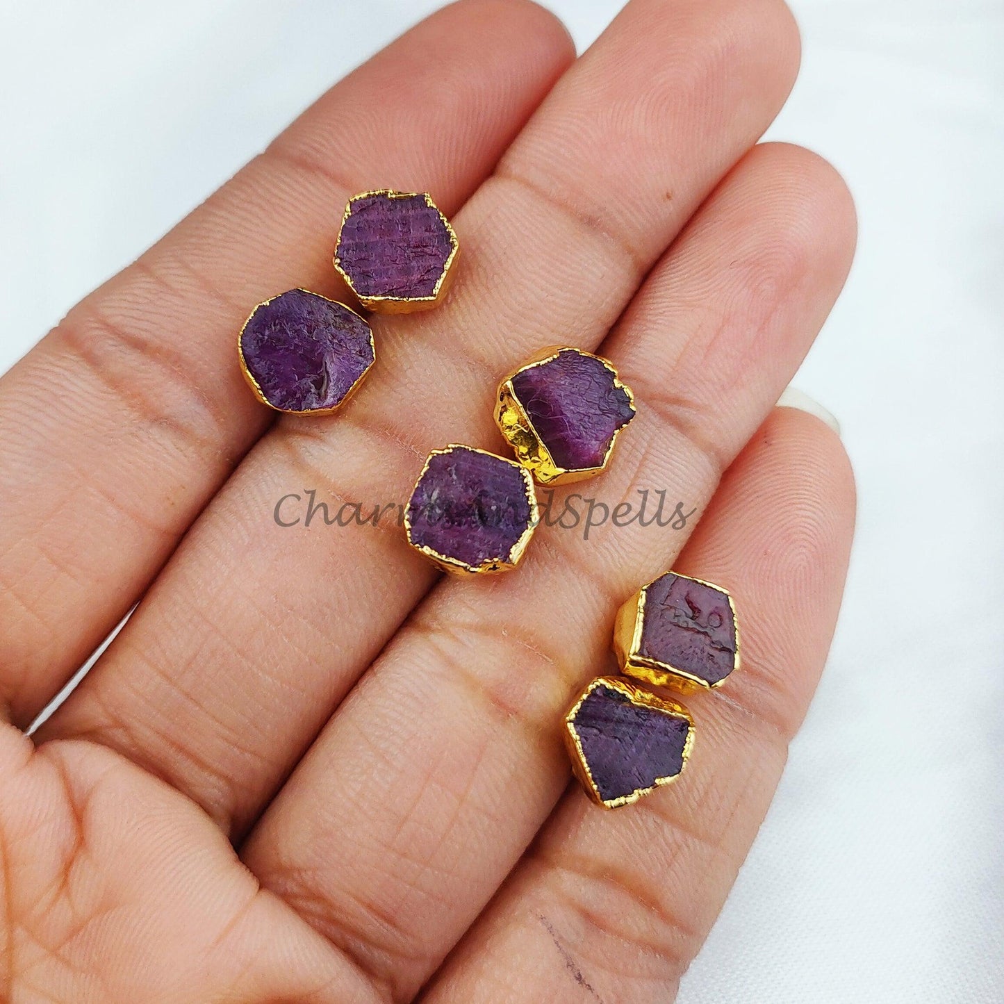 Natural Ruby Studs, Electroplated Stud Earrings, Gold Plated Jewelry, Ethnic Gemstone Earrings - Charms And Spells