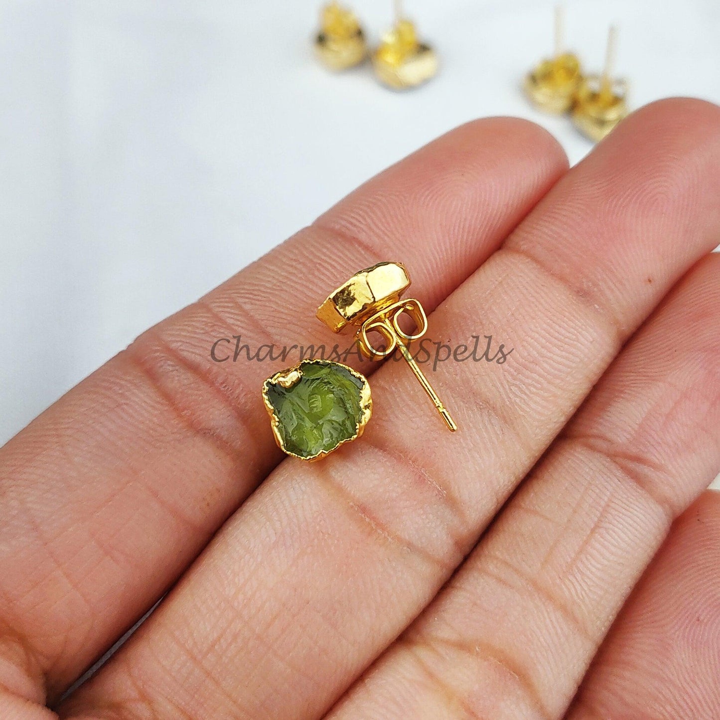 Peridot Crystal Earrings, Peridot Stud Earrings, Green Stone Jewellery, Gemstone Stud - Charms And Spells