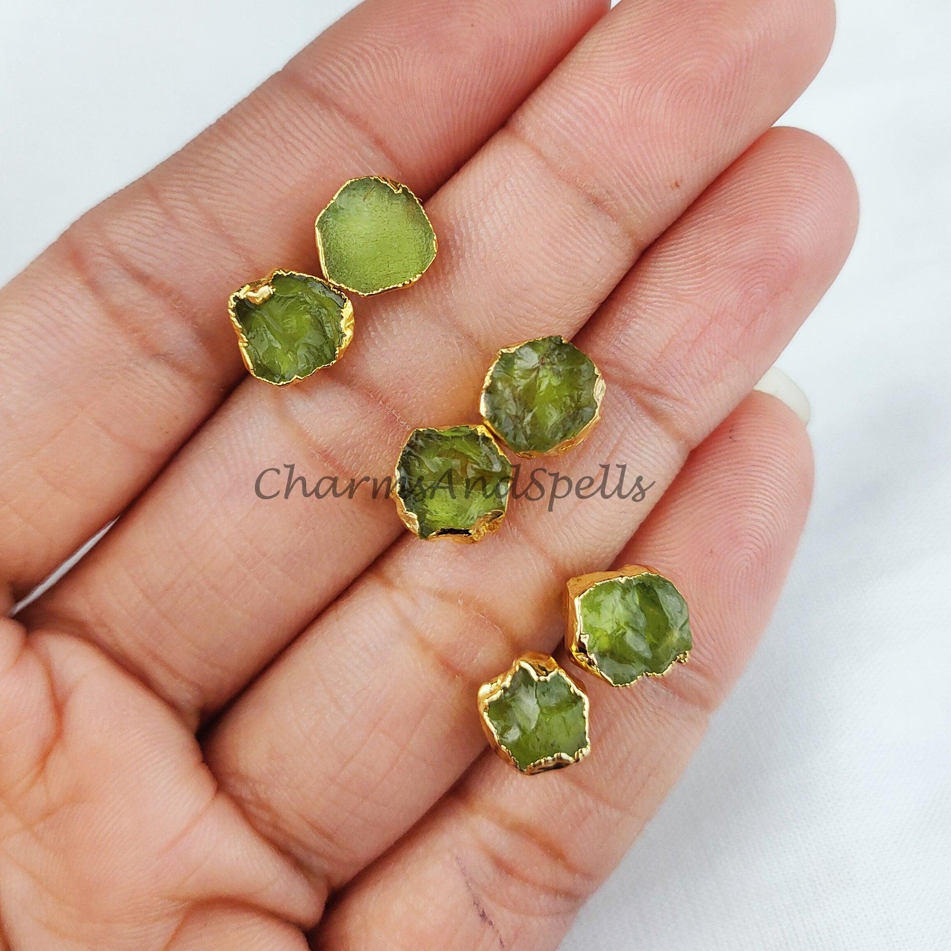 Peridot Crystal Earrings, Peridot Stud Earrings, Green Stone Jewellery, Gemstone Stud - Charms And Spells